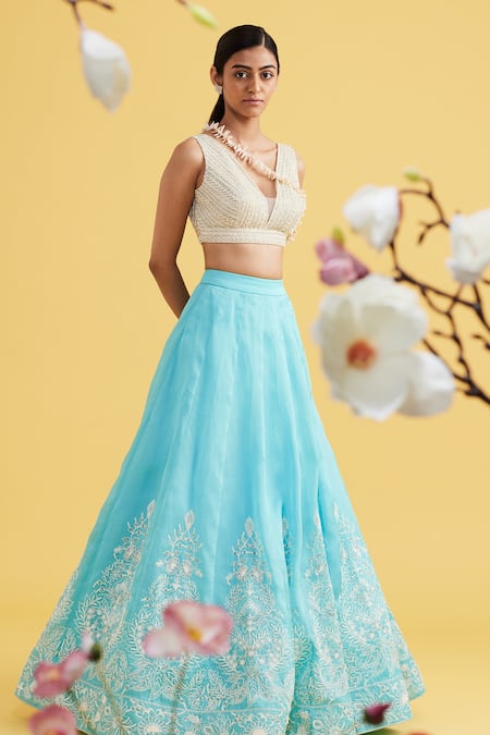 Vaishali Agarwal_Blue Blouse Tulle, Lehenga Satin Organza Pearl Work Floral Embroidered Set _Online_at_Aza_Fashions