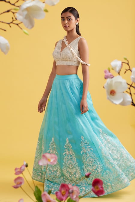 Buy_Vaishali Agarwal_Blue Blouse Tulle, Lehenga Satin Organza Pearl Work Floral Embroidered Set _Online_at_Aza_Fashions