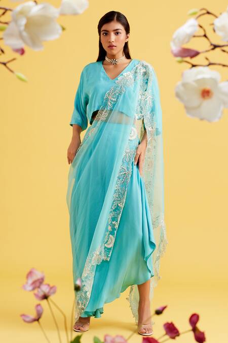 Vaishali Agarwal_Blue Silk, Dupatta Organza Cutdana Work V Neck Asymmetric Pant Set _Online_at_Aza_Fashions