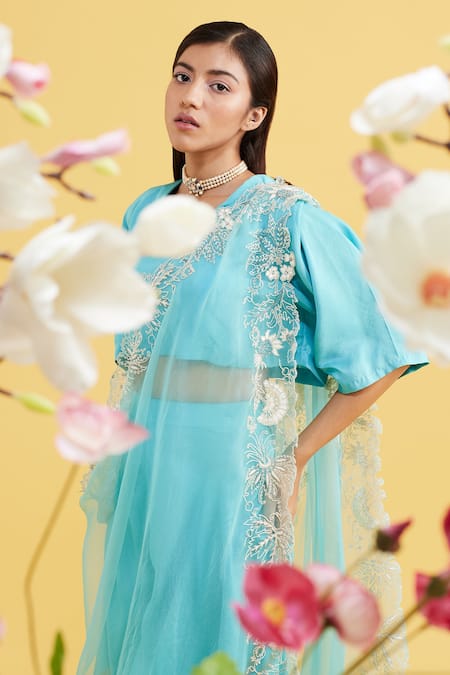 Buy_Vaishali Agarwal_Blue Silk, Dupatta Organza Cutdana Work V Neck Asymmetric Pant Set _Online_at_Aza_Fashions