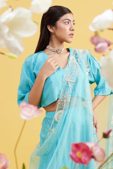 Shop_Vaishali Agarwal_Blue Silk, Dupatta Organza Cutdana Work V Neck Asymmetric Pant Set _Online_at_Aza_Fashions