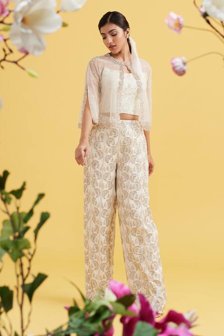 Buy Vaishali Agarwal White Blouse Semi Raw Silk, Jacket Tulle, Pants Dupion Embroidered And Set Online at Aza Fashions Buy_Vaishali Agarwal_White Blouse Semi Raw Silk, Jacket Tulle, Pants Dupion Embroidered And Set _Online_at_Aza_Fashions