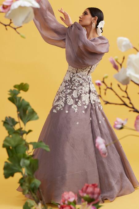 Vaishali Agarwal_Grey Raw Silk, Dupatta Organza Pearl Work Square Neck Wildflower Applique Gown _Online_at_Aza_Fashions