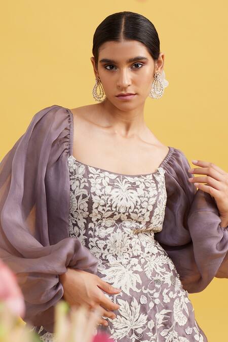 Buy_Vaishali Agarwal_Grey Raw Silk, Dupatta Organza Pearl Work Square Neck Wildflower Applique Gown _Online_at_Aza_Fashions