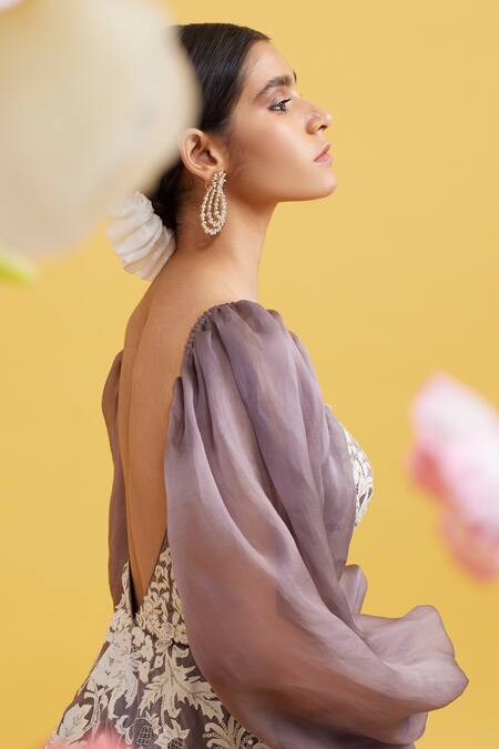 Shop_Vaishali Agarwal_Grey Raw Silk, Dupatta Organza Pearl Work Square Neck Wildflower Applique Gown _Online_at_Aza_Fashions