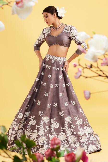 Vaishali Agarwal_Grey Raw Silk Floral Leaf Neck Embroidered Lehenga And Blouse Set _Online_at_Aza_Fashions