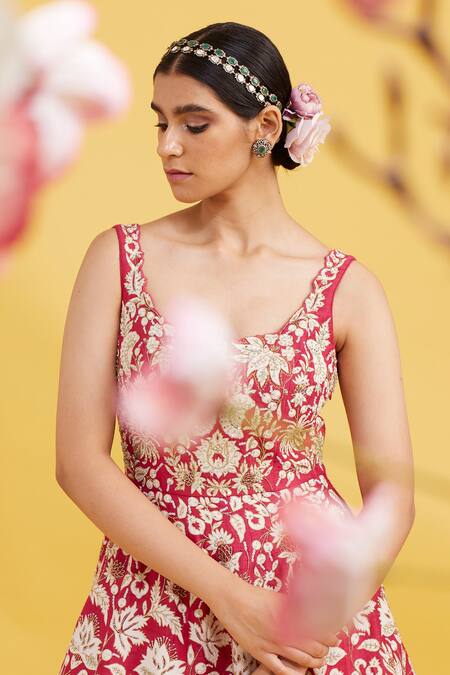 Buy Vaishali Agarwal Fuchsia Raw Silk Cutdana, Sequin, Wildflower Round Embroidered Gown Online at Aza Fashions Buy_Vaishali Agarwal_Fuchsia Raw Silk Cutdana, Sequin, Wildflower Round Embroidered Gown _Online_at_Aza_Fashions