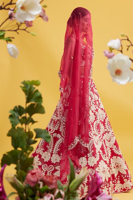 Shop_Vaishali Agarwal_Fuchsia Raw Silk, Dupatta Organza Wildflower Applique Bridal Lehenga Set _at_Aza_Fashions