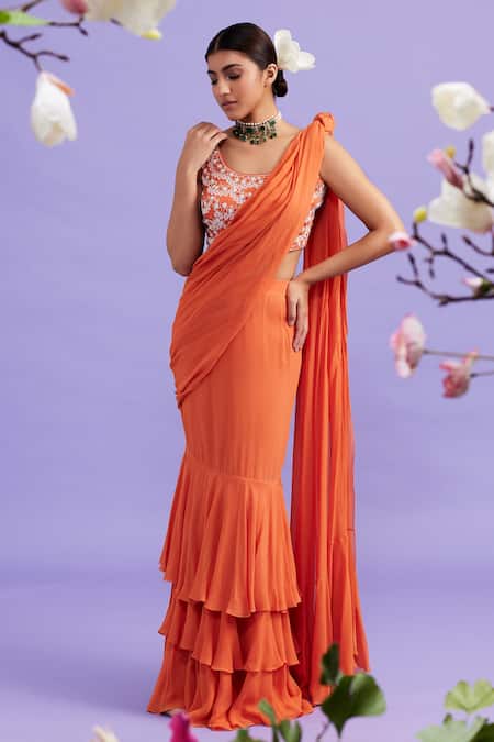 Vaishali Agarwal Orange Blouse Raw Silk Embroidery Floral Round Ruffle Pre-draped Saree With