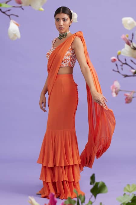 Vaishali Agarwal Orange Blouse Raw Silk, Saree Georgette Floral Round Ruffle Pre-draped With Online at Aza Fashions Vaishali Agarwal_Orange Blouse Raw Silk, Saree Georgette Floral Round Ruffle Pre-draped With _Online_at_Aza_Fashions