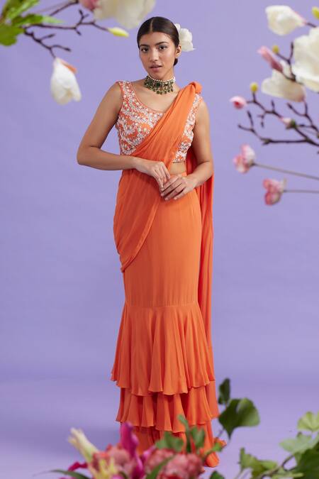 Buy Vaishali Agarwal Orange Blouse Raw Silk, Saree Georgette Floral Round Ruffle Pre-draped With Online at Aza Fashions Buy_Vaishali Agarwal_Orange Blouse Raw Silk, Saree Georgette Floral Round Ruffle Pre-draped With _Online_at_Aza_Fashions