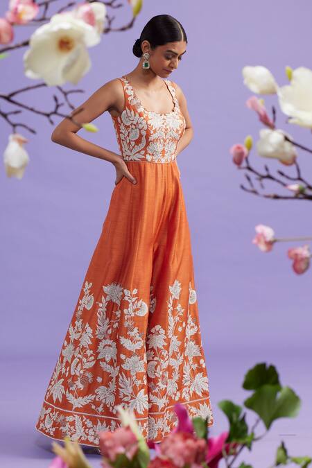 Buy_Vaishali Agarwal_Orange Semi Raw Silk Floral Square Neck Embroidered Jumpsuit _Online_at_Aza_Fashions