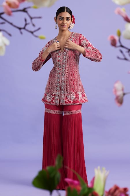 Vaishali Agarwal Fuchsia Jacket Organza, Pants Georgette Cutdana, Embroidered And Sharara Set