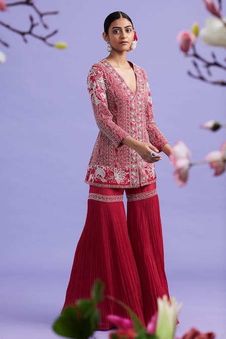 Shop Vaishali Agarwal Fuchsia Jacket Organza, Pants Georgette Cutdana, Embroidered And Sharara Set at Aza Fashions Shop_Vaishali Agarwal_Fuchsia Jacket Organza, Pants Georgette Cutdana, Embroidered And Sharara Set _at_Aza_Fashions