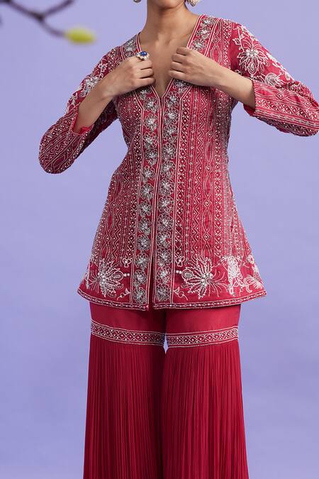 Vaishali Agarwal Fuchsia Jacket Organza, Pants Georgette Cutdana, Embroidered And Sharara Set Online at Aza Fashions Vaishali Agarwal_Fuchsia Jacket Organza, Pants Georgette Cutdana, Embroidered And Sharara Set _Online_at_Aza_Fashions