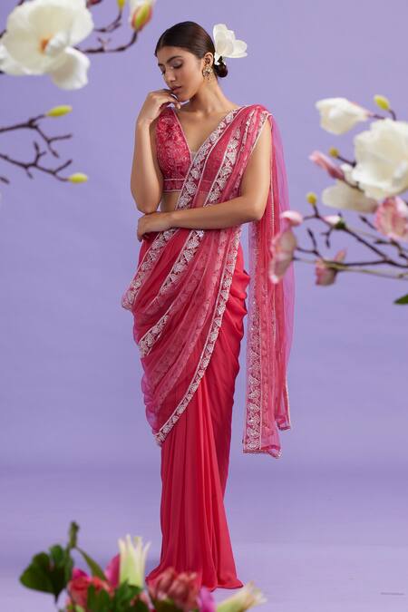 Vaishali Agarwal_Fuchsia Blouse Organza, Pallu Tulle, Saree Embroidered Pre-draped With _Online_at_Aza_Fashions