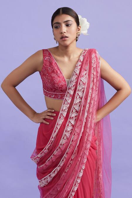 Shop_Vaishali Agarwal_Fuchsia Blouse Organza, Pallu Tulle, Saree Embroidered Pre-draped With _Online_at_Aza_Fashions