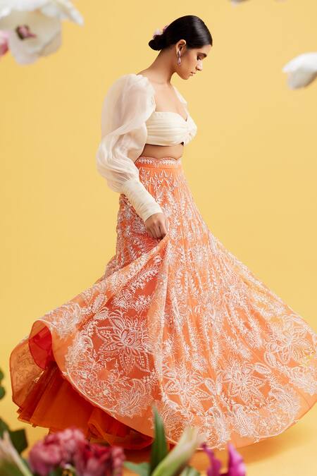 Vaishali Agarwal_Orange Organza Pearl And Sequin Work Sweetheart Floral Embroidered Lehenga Set _Online_at_Aza_Fashions