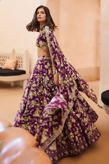 Shop_Sana Barreja_Purple Chanderi , Lining Cotton Arfana Printed Lehenga Set _Online_at_Aza_Fashions