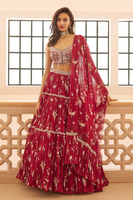 Sana Barreja_Fuchsia Georgette Magnolia V Neck Rifat Print Lehenga Set _Online_at_Aza_Fashions