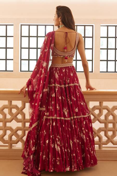 Shop_Sana Barreja_Fuchsia Georgette Magnolia V Neck Rifat Print Lehenga Set _at_Aza_Fashions