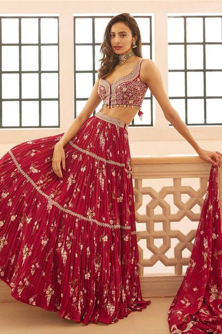 Buy_Sana Barreja_Fuchsia Georgette Magnolia V Neck Rifat Print Lehenga Set _Online_at_Aza_Fashions