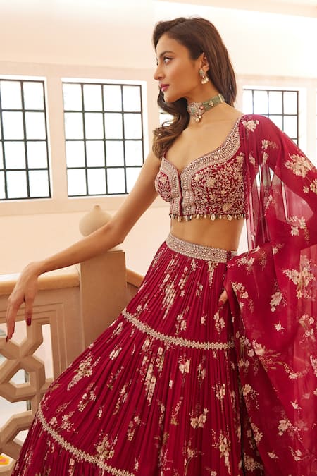 Shop_Sana Barreja_Fuchsia Georgette Magnolia V Neck Rifat Print Lehenga Set _Online_at_Aza_Fashions