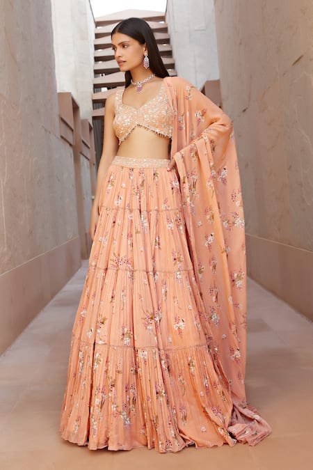 Sana Barreja_Peach Georgette Magnolia V Neck Farah Printed Lehenga Set_Online_at_Aza_Fashions