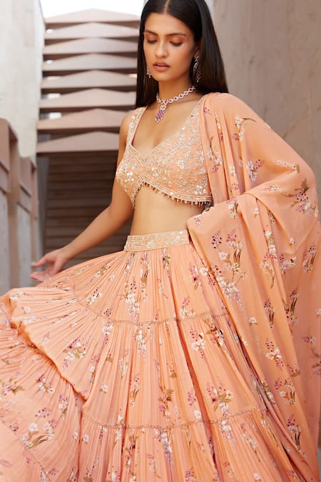 Buy_Sana Barreja_Peach Georgette Magnolia V Neck Farah Printed Lehenga Set_Online_at_Aza_Fashions