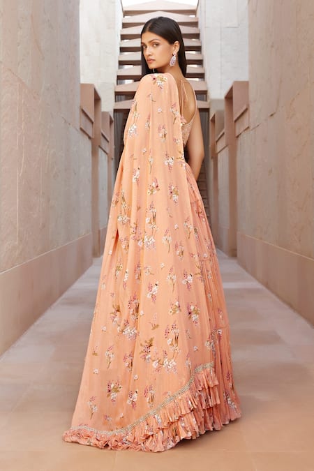 Shop_Sana Barreja_Peach Georgette Magnolia V Neck Farah Printed Lehenga Set_Online_at_Aza_Fashions