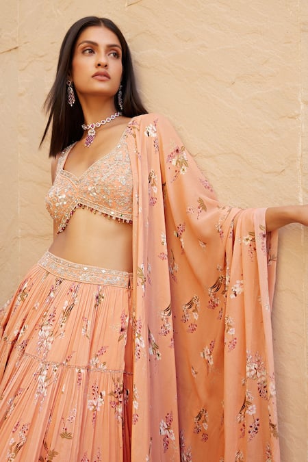 Sana Barreja_Peach Georgette Magnolia V Neck Farah Printed Lehenga Set_at_Aza_Fashions