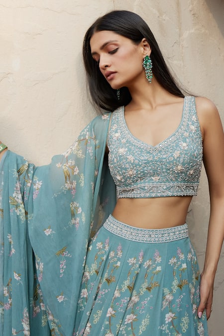 Sana Barreja_Blue Georgette Magnolia V Neck Lana Printed Lehenga Set_at_Aza_Fashions