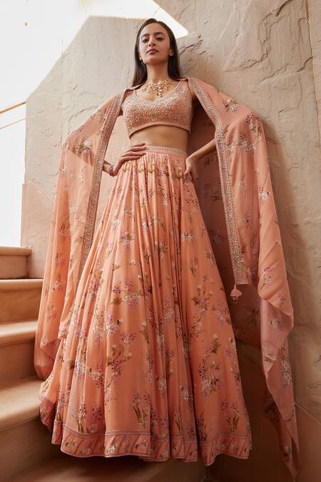 Sana Barreja Peach Georgette Magnolia V Neck Nora Printed Lehenga Set Online at Aza Fashions Sana Barreja_Peach Georgette Magnolia V Neck Nora Printed Lehenga Set_Online_at_Aza_Fashions