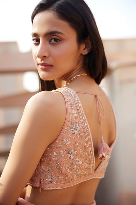 Shop Sana Barreja Peach Georgette Magnolia V Neck Nora Printed Lehenga Set at Aza Fashions Shop_Sana Barreja_Peach Georgette Magnolia V Neck Nora Printed Lehenga Set_at_Aza_Fashions