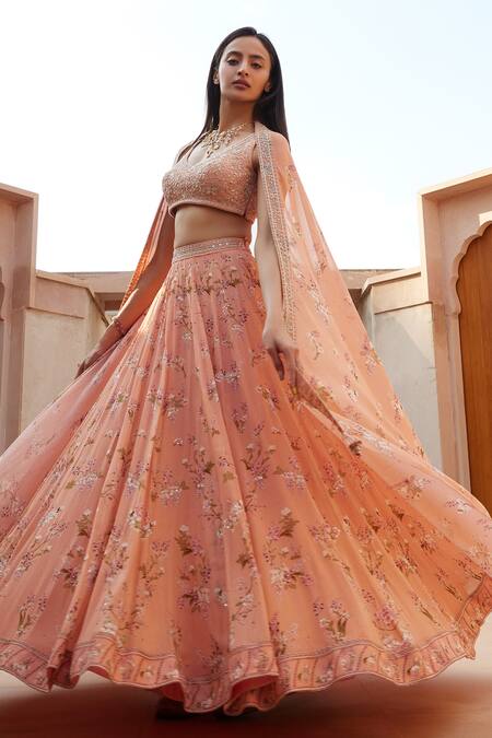 Buy Sana Barreja Peach Georgette Magnolia V Neck Nora Printed Lehenga Set Online at Aza Fashions Buy_Sana Barreja_Peach Georgette Magnolia V Neck Nora Printed Lehenga Set_Online_at_Aza_Fashions