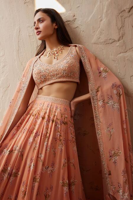 Sana Barreja Peach Georgette Magnolia V Neck Nora Printed Lehenga Set at Aza Fashions Sana Barreja_Peach Georgette Magnolia V Neck Nora Printed Lehenga Set_at_Aza_Fashions
