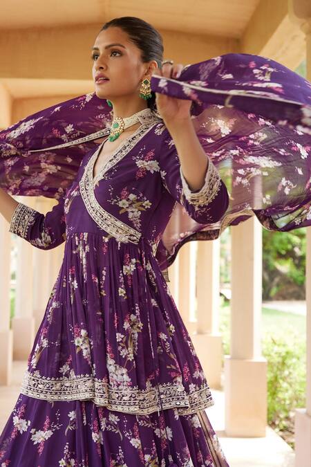 Sana Barreja_Purple Georgette Magnolia V Neck Nadia Printed Peplum Top And Lehenga Set_Online_at_Aza_Fashions