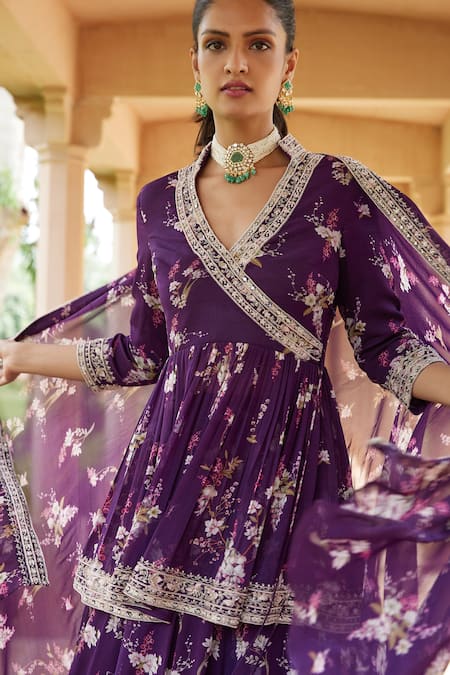 Buy_Sana Barreja_Purple Georgette Magnolia V Neck Nadia Printed Peplum Top And Lehenga Set_Online_at_Aza_Fashions