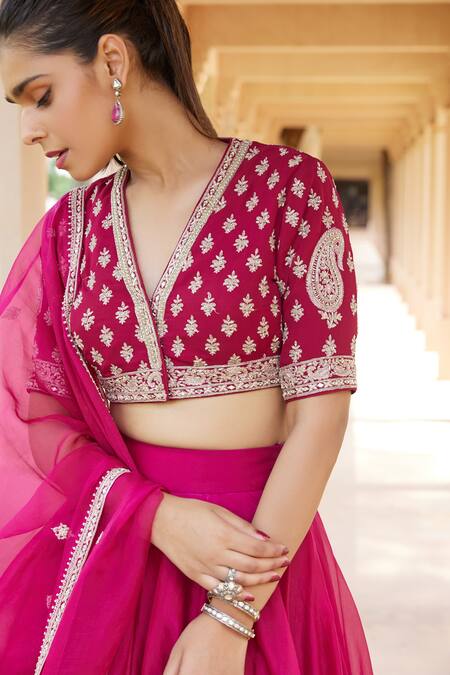 Sana Barreja_Fuchsia Shantoon, Lining Crepe, Organza And Georgette Maahira Lehenga Set _Online_at_Aza_Fashions