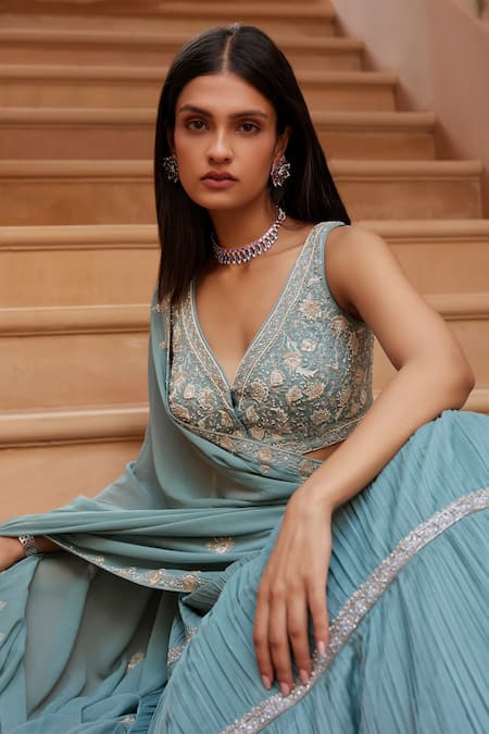 Shop_Sana Barreja_Blue Georgette, Lining Shantoon Floral Motifs V Neck Samia Tiered Lehenga Set_Online_at_Aza_Fashions