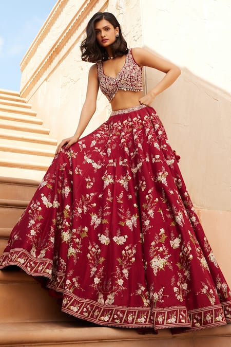 Sana Barreja Red Chanderi Silk Magnolia V Neck Aliza Printed Lehenga Set Online at Aza Fashions Sana Barreja_Red Chanderi Silk Magnolia V Neck Aliza Printed Lehenga Set _Online_at_Aza_Fashions