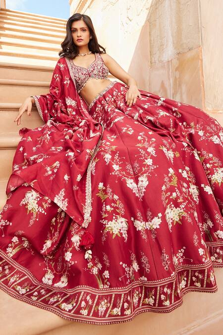 Buy Sana Barreja Red Chanderi Silk Magnolia V Neck Aliza Printed Lehenga Set Online at Aza Fashions Buy_Sana Barreja_Red Chanderi Silk Magnolia V Neck Aliza Printed Lehenga Set _Online_at_Aza_Fashions