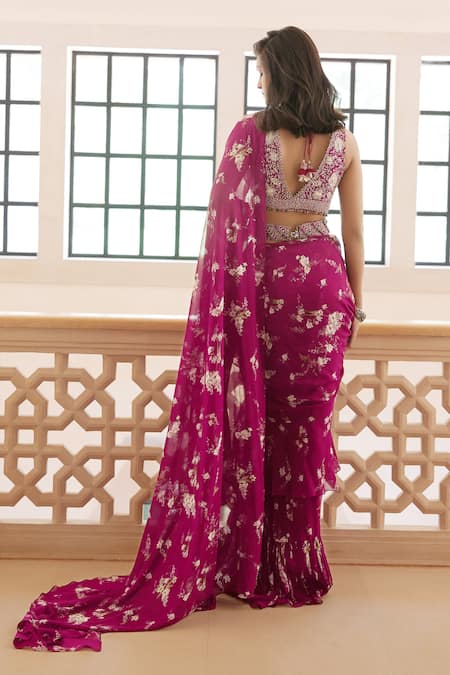 Sana Barreja Zoya Printed Ruffle Pre-Draped Saree Set 