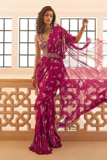 Sana Barreja Fuchsia Georgette Magnolia V Neck Zoya Printed Ruffle Pre-draped Saree Set Online at Aza Fashions Sana Barreja_Fuchsia Georgette Magnolia V Neck Zoya Printed Ruffle Pre-draped Saree Set _Online_at_Aza_Fashions