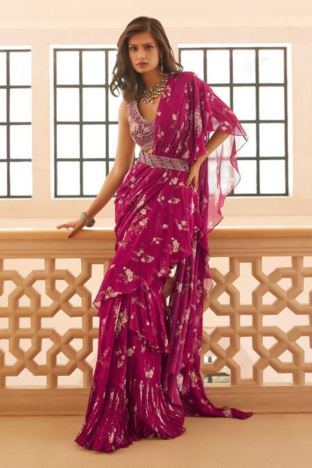 Buy Sana Barreja Fuchsia Georgette Magnolia V Neck Zoya Printed Ruffle Pre-draped Saree Set Online at Aza Fashions Buy_Sana Barreja_Fuchsia Georgette Magnolia V Neck Zoya Printed Ruffle Pre-draped Saree Set _Online_at_Aza_Fashions