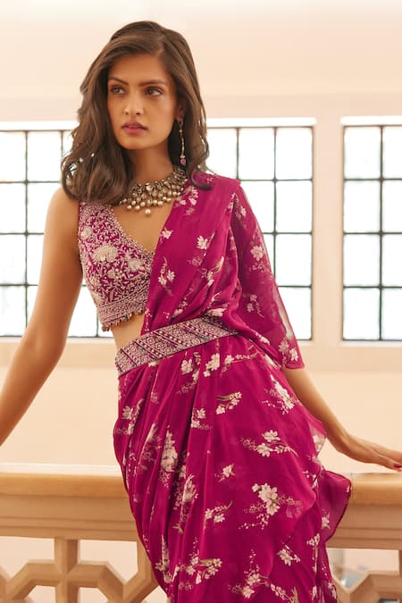 Shop Sana Barreja Fuchsia Georgette Magnolia V Neck Zoya Printed Ruffle Pre-draped Saree Set Online at Aza Fashions Shop_Sana Barreja_Fuchsia Georgette Magnolia V Neck Zoya Printed Ruffle Pre-draped Saree Set _Online_at_Aza_Fashions