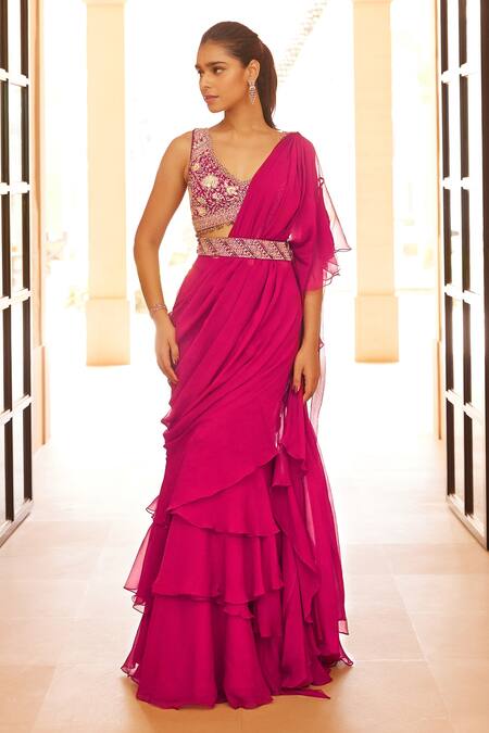 Sana Barreja Fuchsia Lining Shantoon, Silk Chiffon Shell Irfat Pre-draped Saree With Blouse Online at Aza Fashions Sana Barreja_Fuchsia Lining Shantoon, Silk Chiffon Shell Irfat Pre-draped Saree With Blouse _Online_at_Aza_Fashions