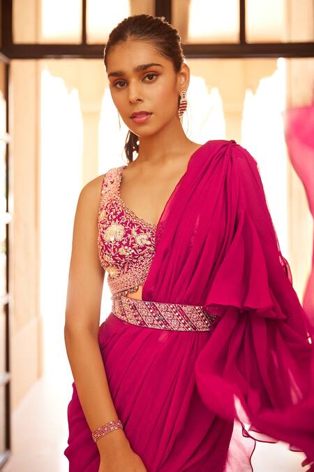 Shop Sana Barreja Fuchsia Lining Shantoon, Silk Chiffon Shell Irfat Pre-draped Saree With Blouse Online at Aza Fashions Shop_Sana Barreja_Fuchsia Lining Shantoon, Silk Chiffon Shell Irfat Pre-draped Saree With Blouse _Online_at_Aza_Fashions