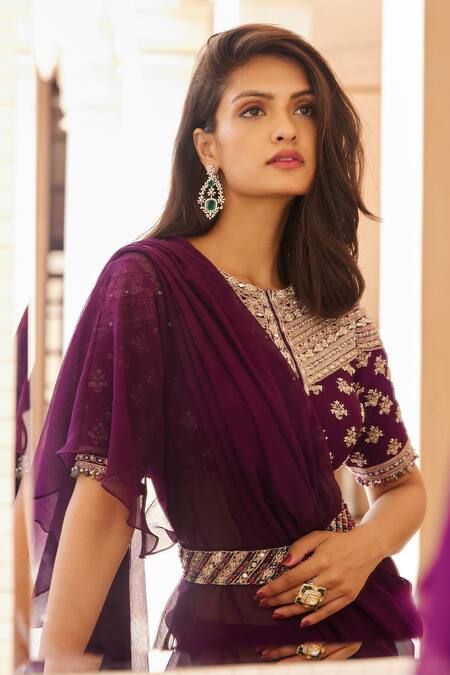 Shop_Sana Barreja_Purple Lining Shantoon, Silk Chiffon Shell And Midha Pre-draped Saree With Blouse_Online_at_Aza_Fashions