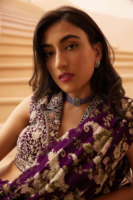 Buy_Sana Barreja_Purple Georgette, Lining Shantoon Feroza Printed Pre-draped Saree With Blouse _Online_at_Aza_Fashions